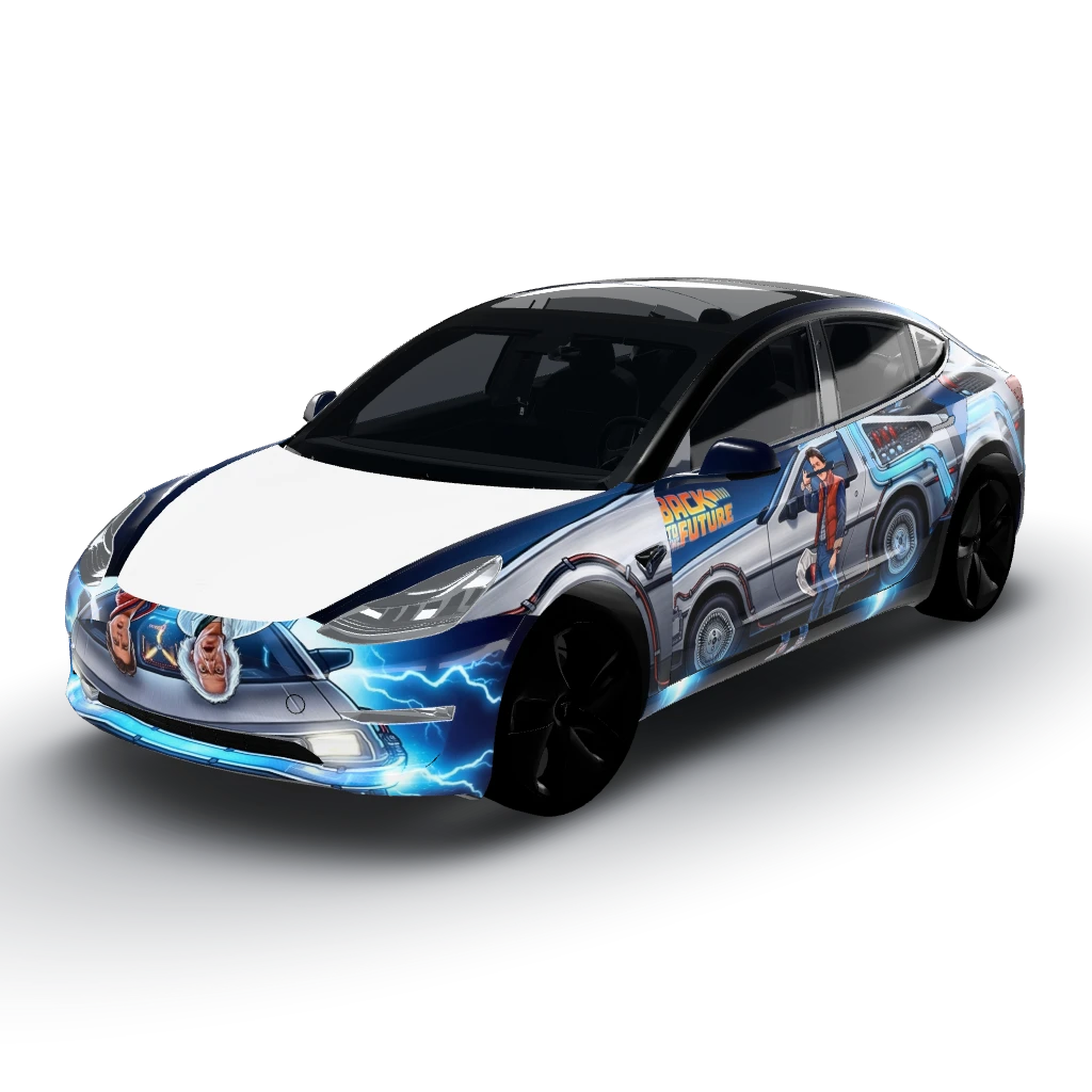 Back to the future — a Model 3 wearing this AI wrap design