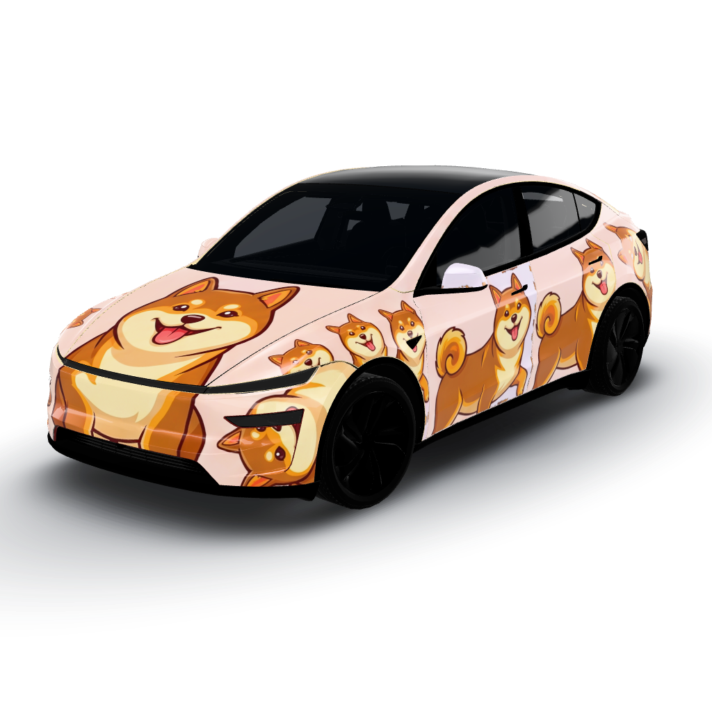 Artwork features a playful, tiled pattern — a Model Y (2025+) Premium wearing this AI wrap design