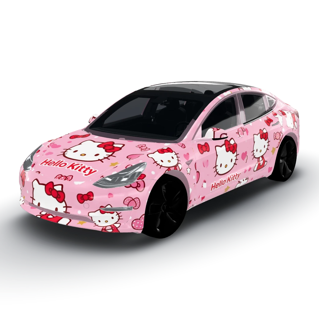 Hello Kitty pink kawaii style — a Model 3 wearing this AI wrap design