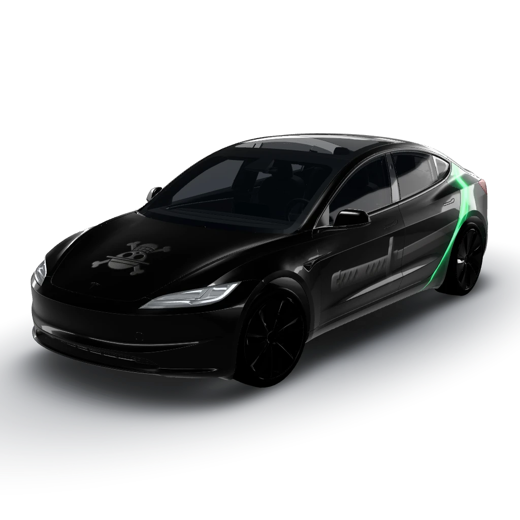 Deep obsidian pitch-black gloss background — a Model 3 (2024+) Standard & Premium wearing this AI wrap design