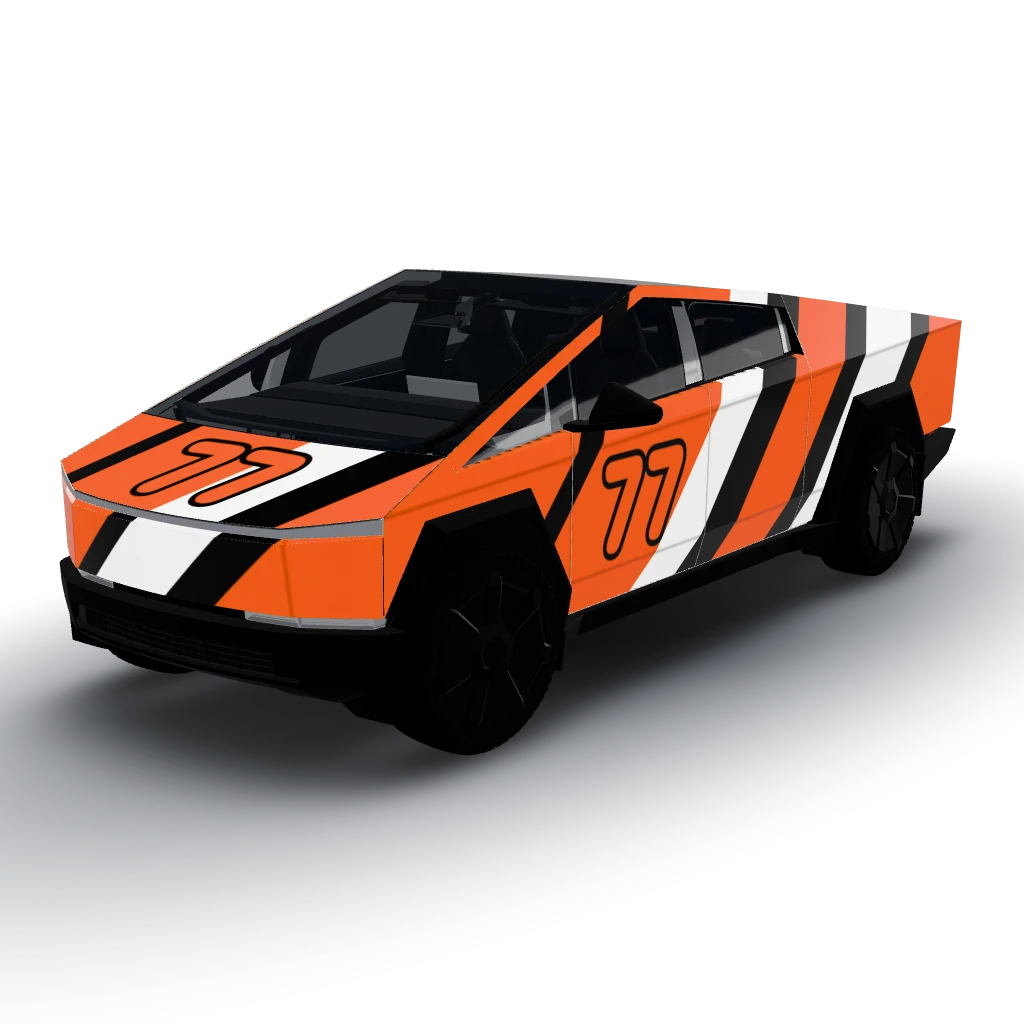 Bold racing livery, wide diagonal stripes — a Cybertruck wearing this AI wrap design