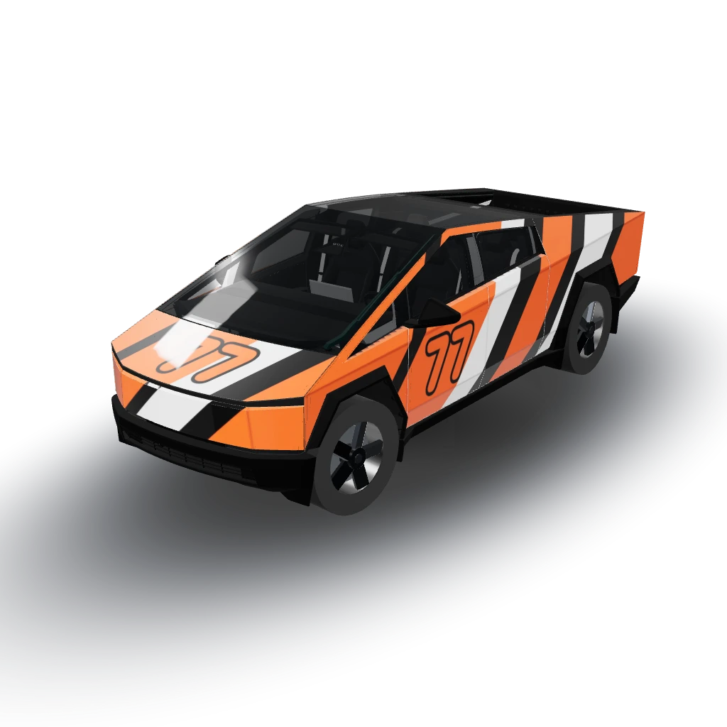 Bold racing livery, wide diagonal stripes — a Cybertruck wearing this AI wrap design