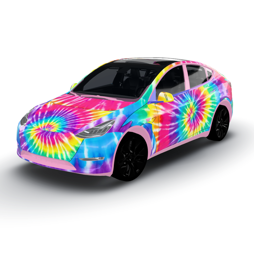 Striking central swirl of the tie-dye — a Model Y wearing this AI wrap design