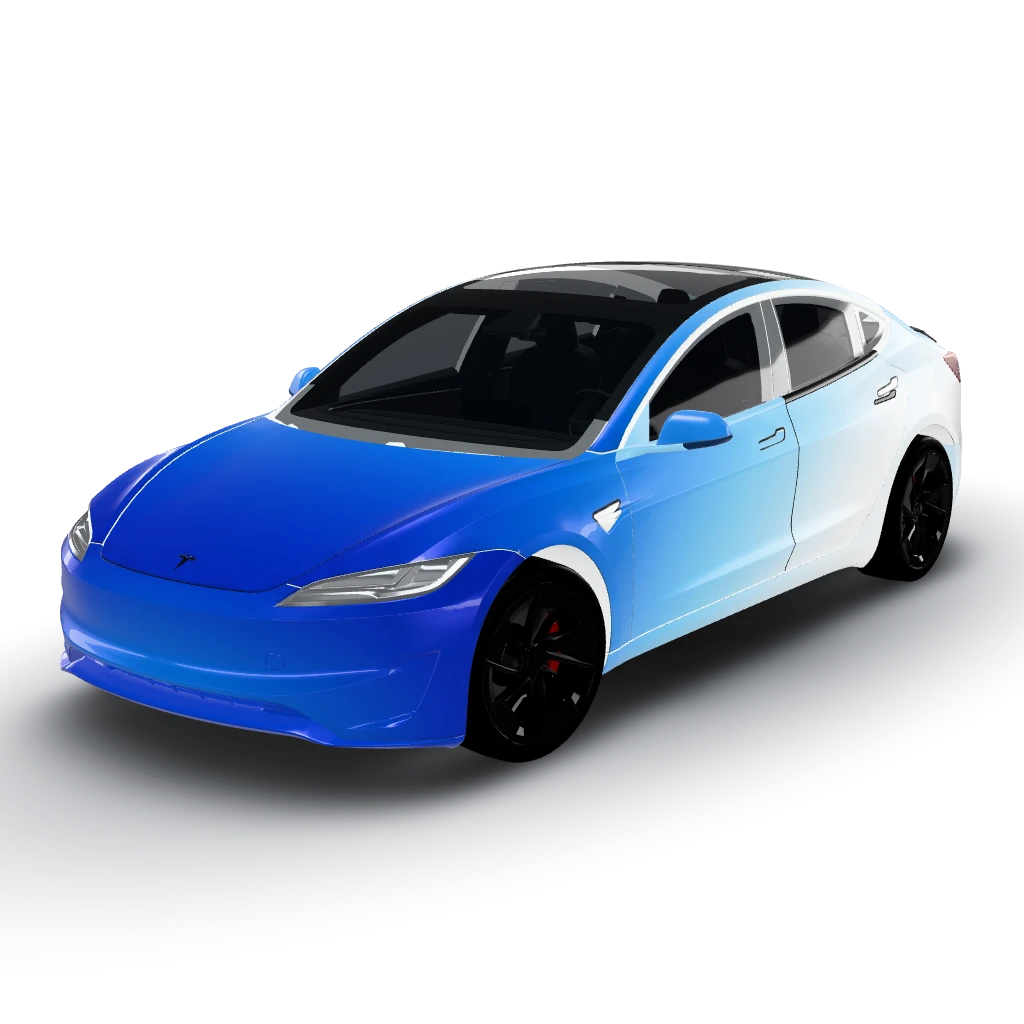 Blue at the front of the car fading — a Model 3 (2024+) Performance wearing this AI wrap design