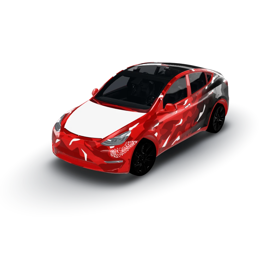 Red camo fading to black from front to back — a Model Y wearing this AI wrap design