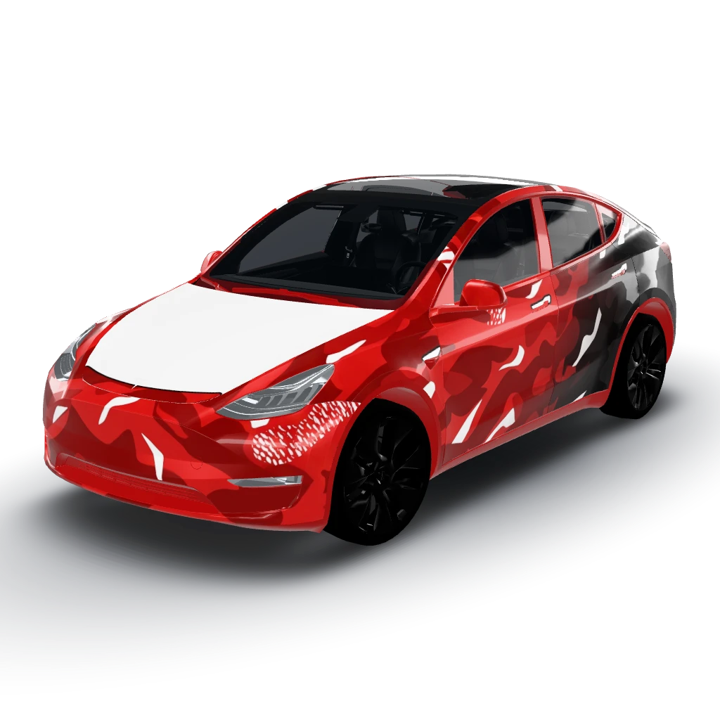 Red camo fading to black from front to back — a Model Y wearing this AI wrap design