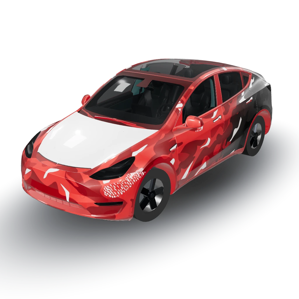 Red camo fading to black from front to back — a Model Y wearing this AI wrap design