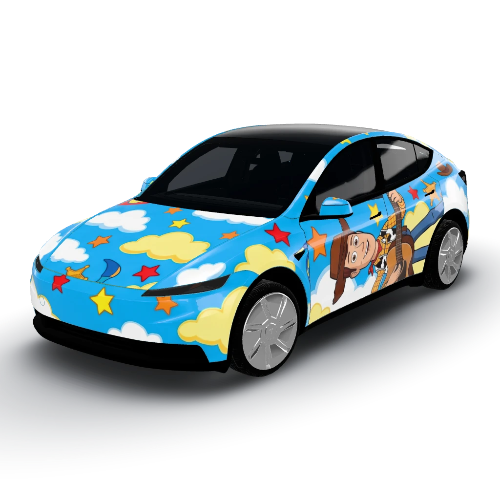 Bright color scheme inspired by Toy Story — a Model Y (2025+) Standard wearing this AI wrap design