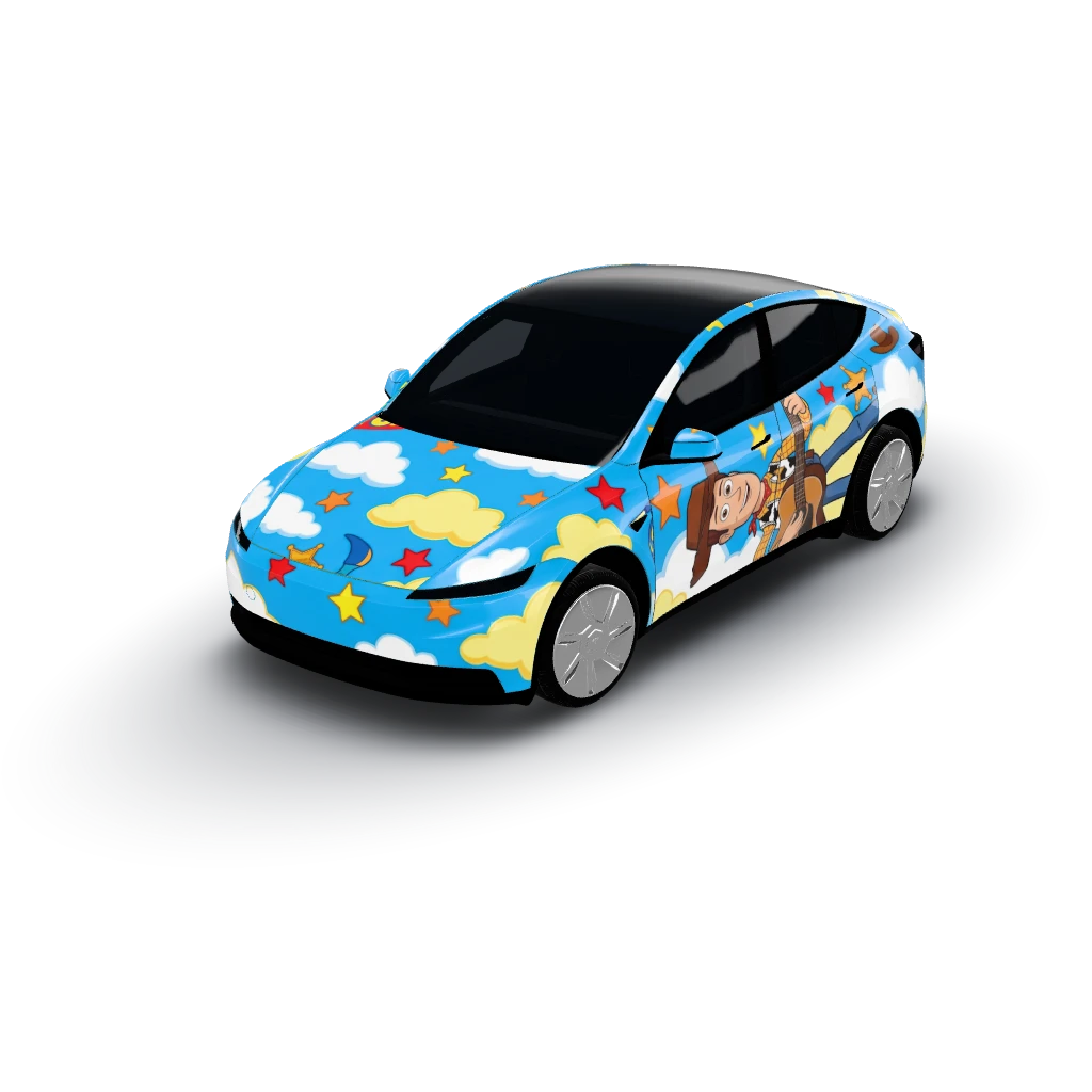 Perfect! — a Model Y (2025+ Base) wearing this AI wrap design