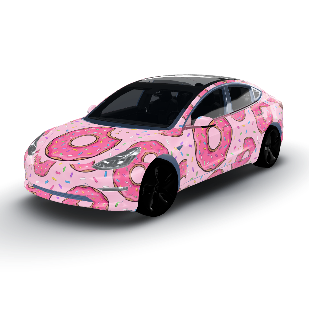 Pink donuts centered and upright as viewed — a Model 3 wearing this AI wrap design