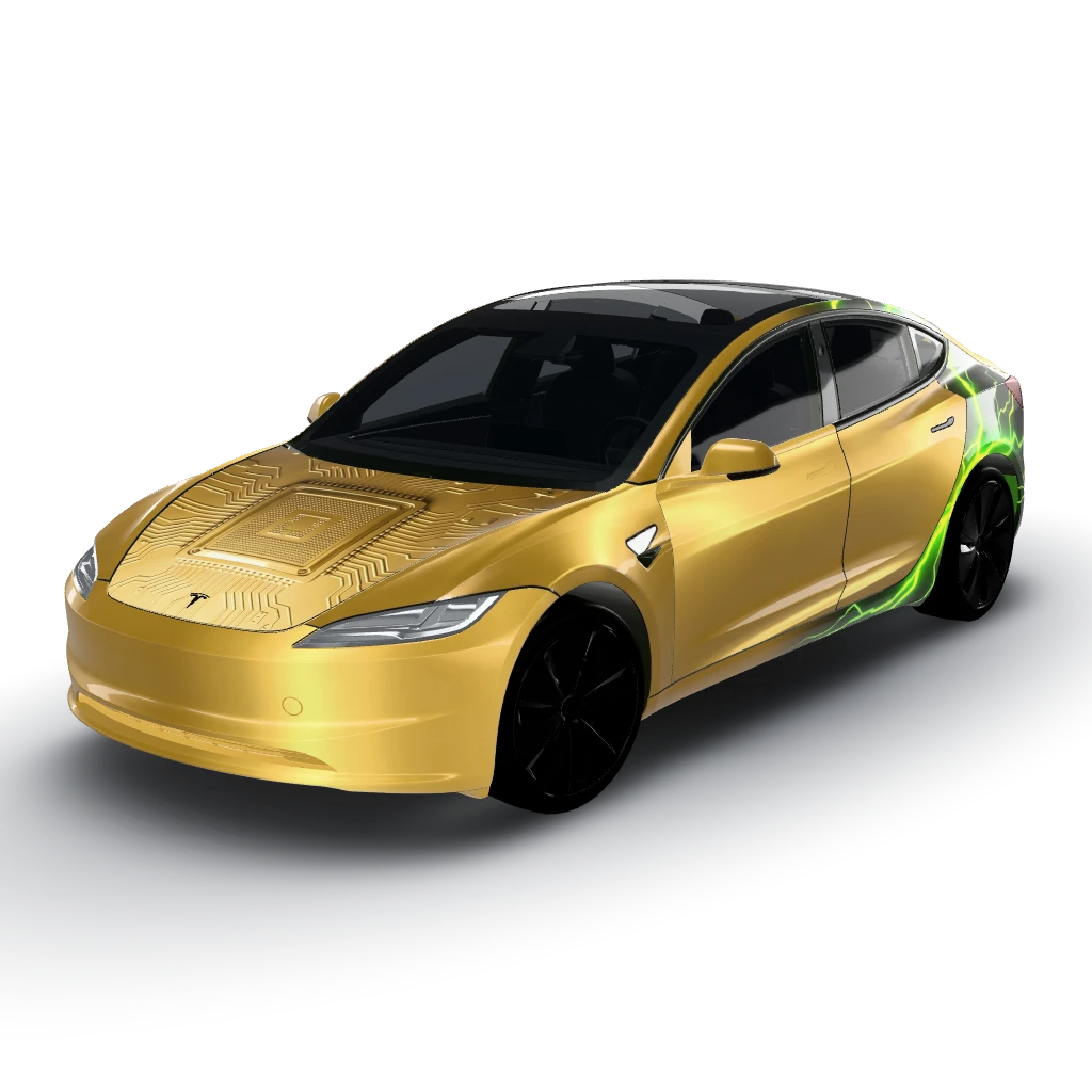 Highly reflective Satin Industrial Gold — a Model 3 (2024+) Standard & Premium wearing this AI wrap design