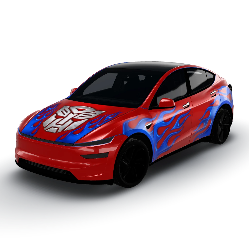 Ultra Red Tesla Model Y base color — a Model Y (2025+) Premium wearing this AI wrap design