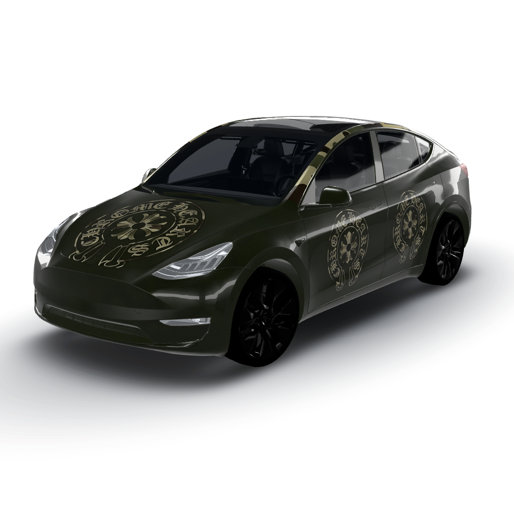 Hood features a large centered Chrome — a Model Y wearing this AI wrap design