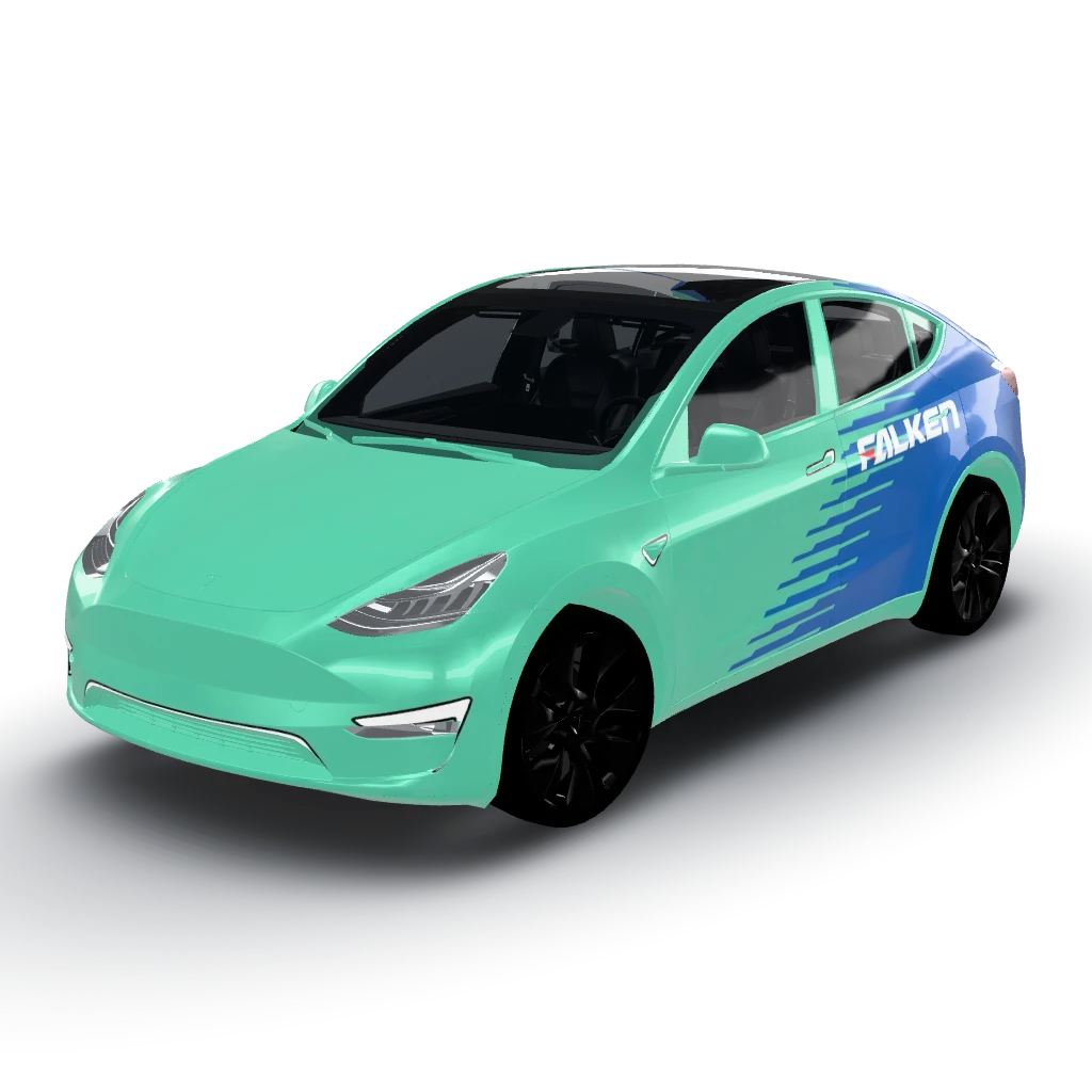 No falken logo on hood,mirrors,rear hatch — a Model Y wearing this AI wrap design