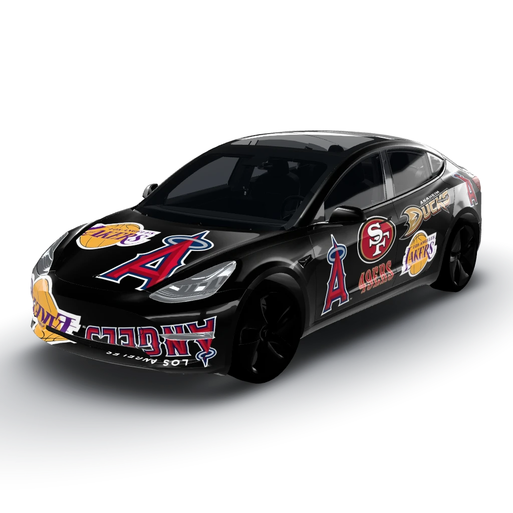 Angels 49ers Lakers Ducks — a Model 3 wearing this AI wrap design
