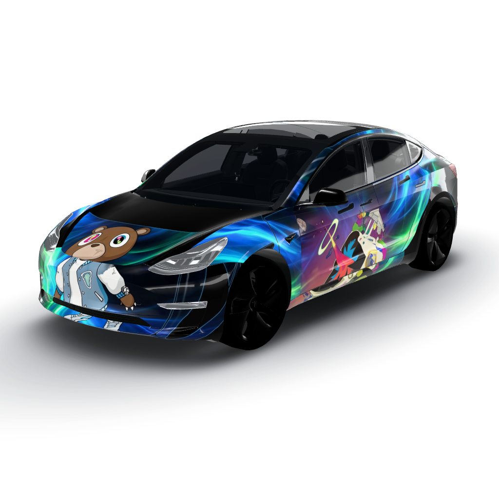 This design features a vibrant color — a Model 3 wearing this AI wrap design
