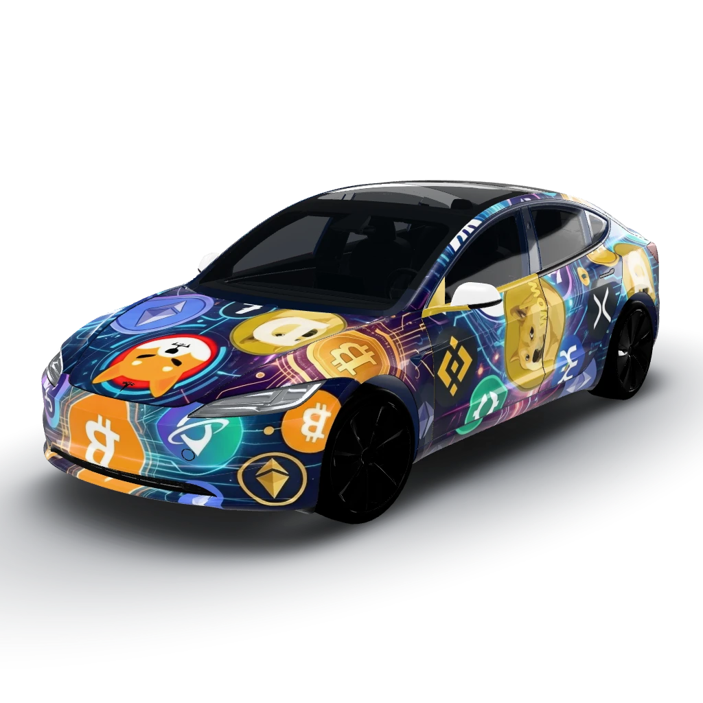 Crypto inspired wrap , bitcoin , eth, doge — a Model 3 (2024+) Standard & Premium wearing this AI wrap design