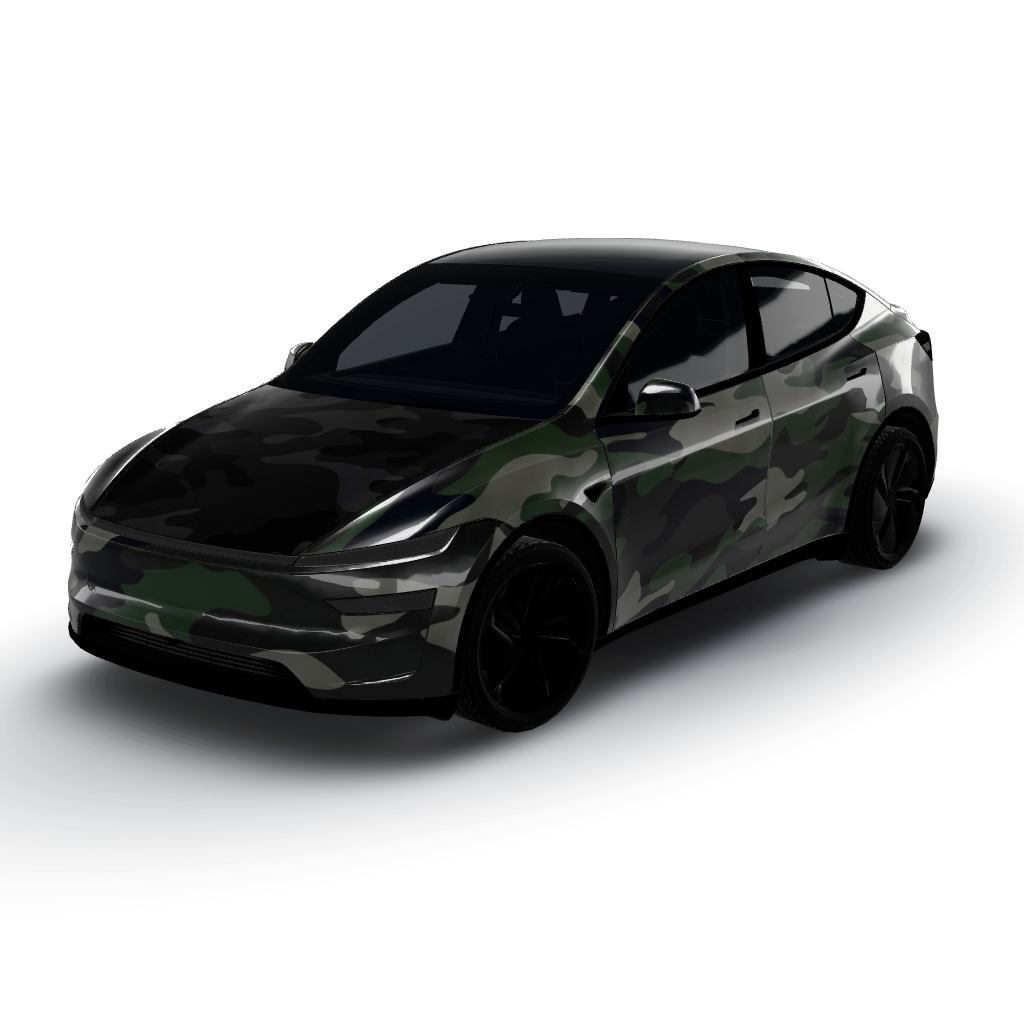 Dark camo envelops the entire vinyl — a Model Y (2025+) Premium wearing this AI wrap design