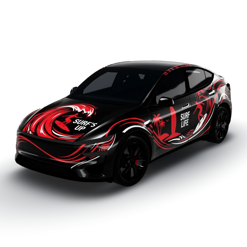 Matte black with dope lines wither red — a Model Y (2025+) Performance wearing this AI wrap design