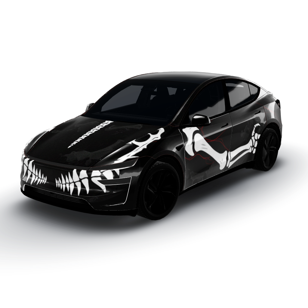 Photorealistic automotive studio shot — a Model Y (2025+) Premium wearing this AI wrap design
