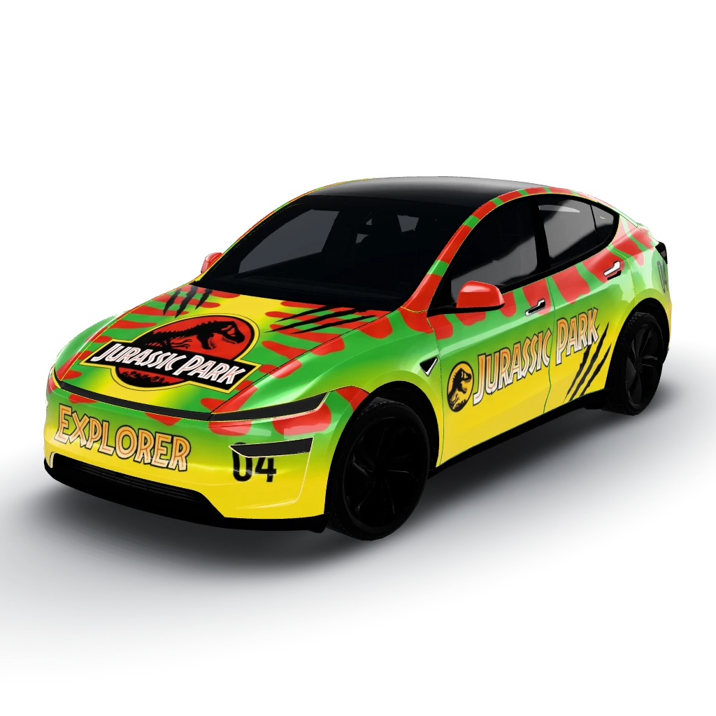 Jurrasic park for explorer cars — a Model Y (2025+) Premium wearing this AI wrap design