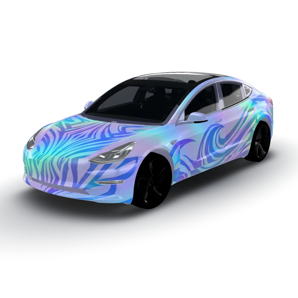 Holographic iridescent shimmer envelops — a Model 3 wearing this AI wrap design