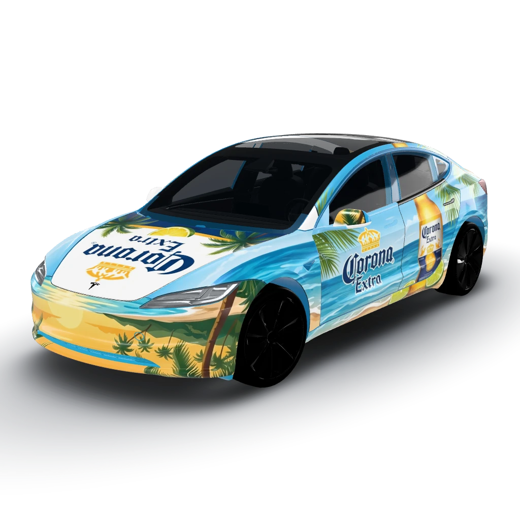 Corona extra wrap — a Model 3 (2024+) Standard & Premium wearing this AI wrap design