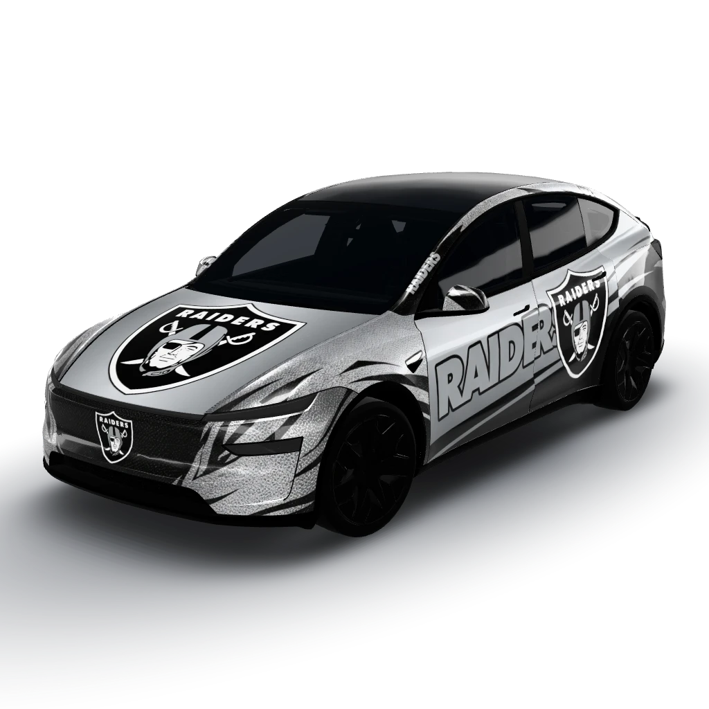 Matte finish with silver and black colors — a Model Y L wearing this AI wrap design