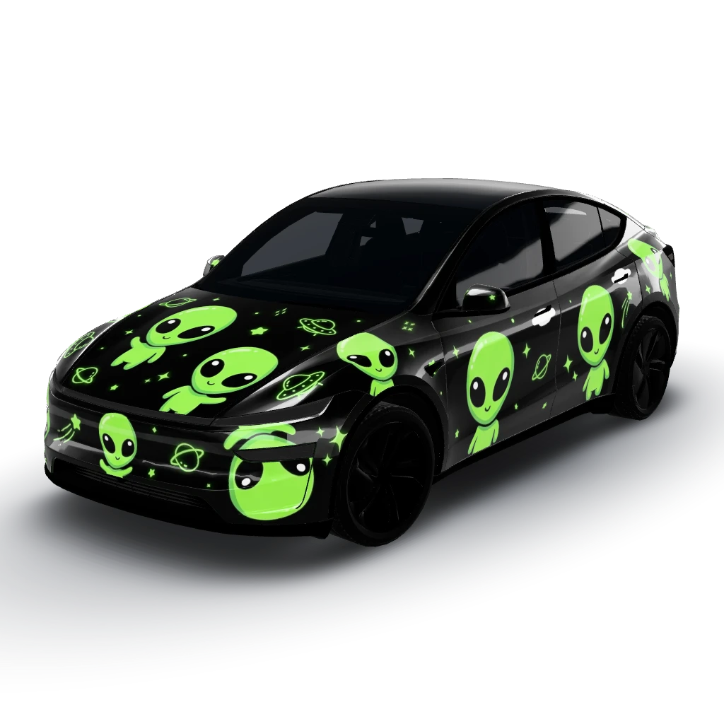 Glossy black Tesla wrap with a cute classic — a Model Y (2025+) Premium wearing this AI wrap design