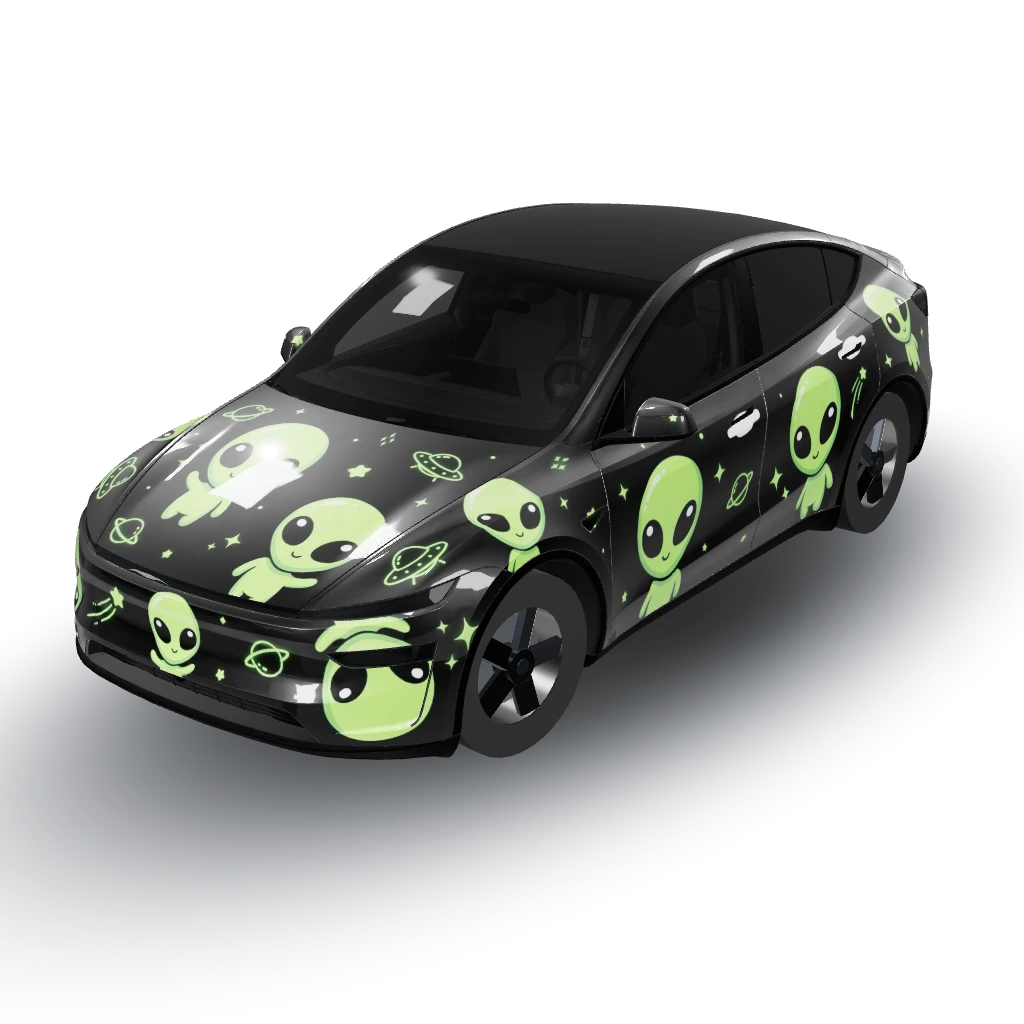 Glossy black Tesla wrap with a cute classic — a Model Y (2025+ Premium) wearing this AI wrap design