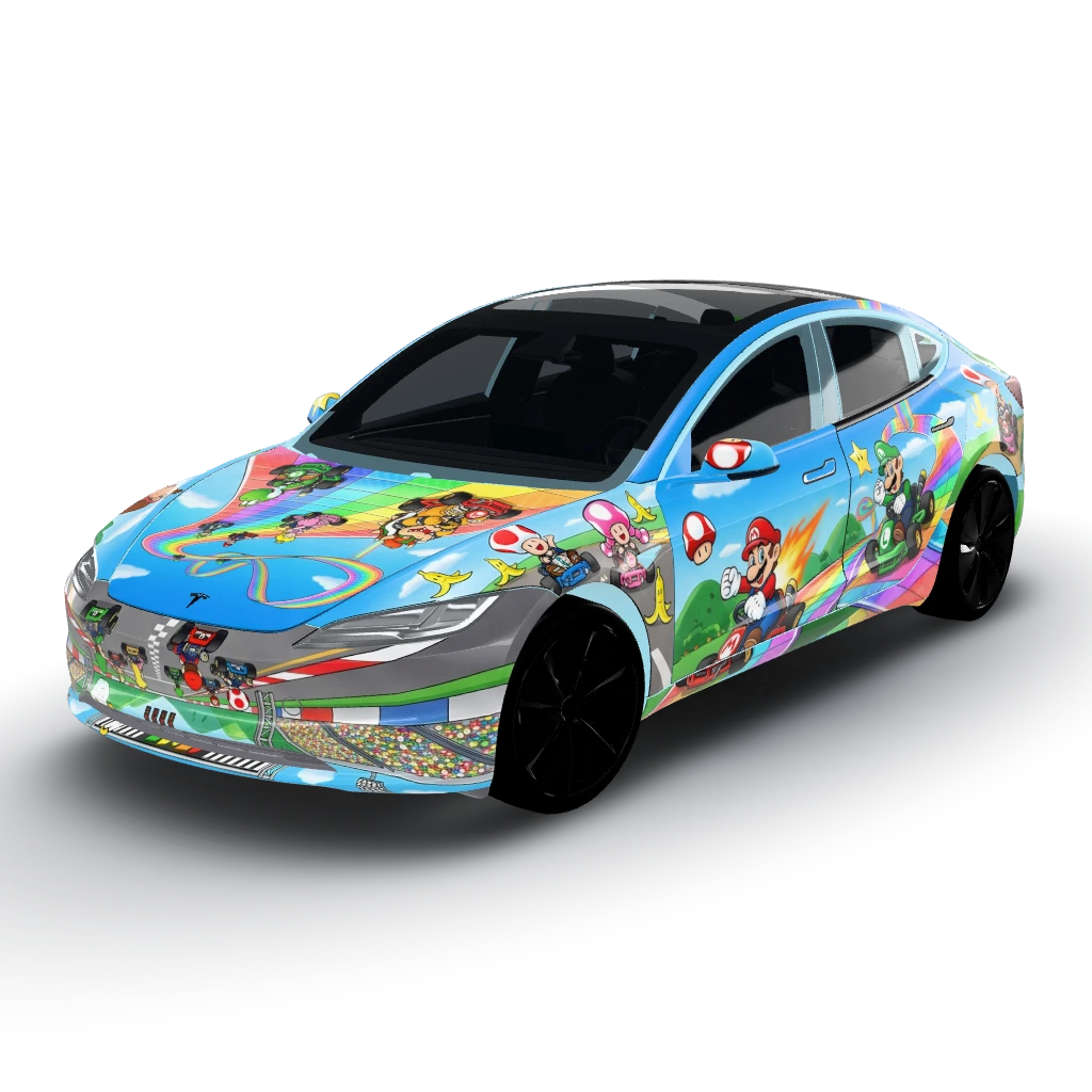Mario kart world wrap — a Model 3 (2024+) Standard & Premium wearing this AI wrap design