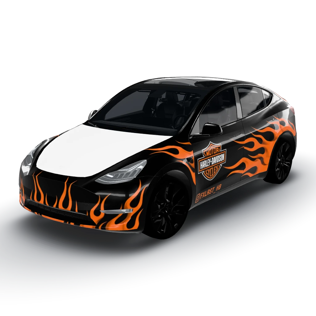 Sharp and aggressive realistic orange — a Model Y wearing this AI wrap design