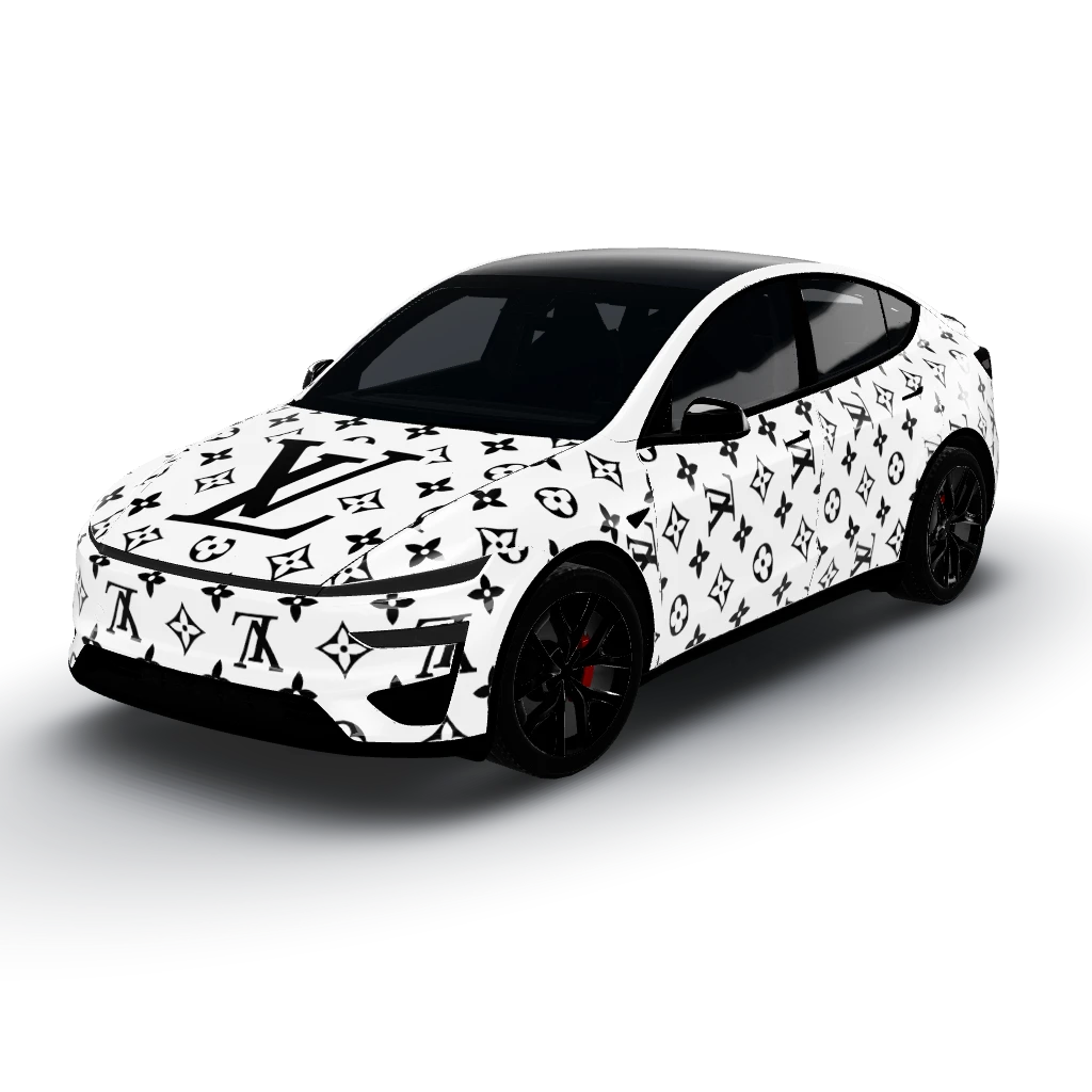 Large centered LV monogram logo in black — a Model Y (2025+) Performance wearing this AI wrap design