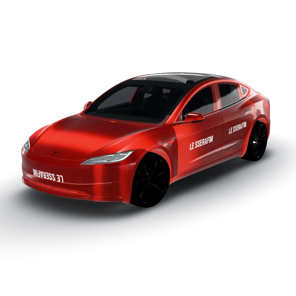 Red chrome base with le sserafim logo on it — a Model 3 (2024+) Standard & Premium wearing this AI wrap design