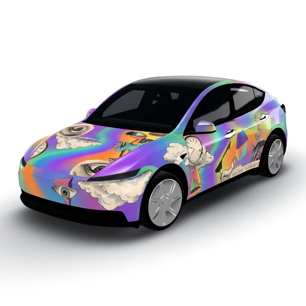 Surreal collage of clip art and gradients — a Model Y (2025+) Standard wearing this AI wrap design