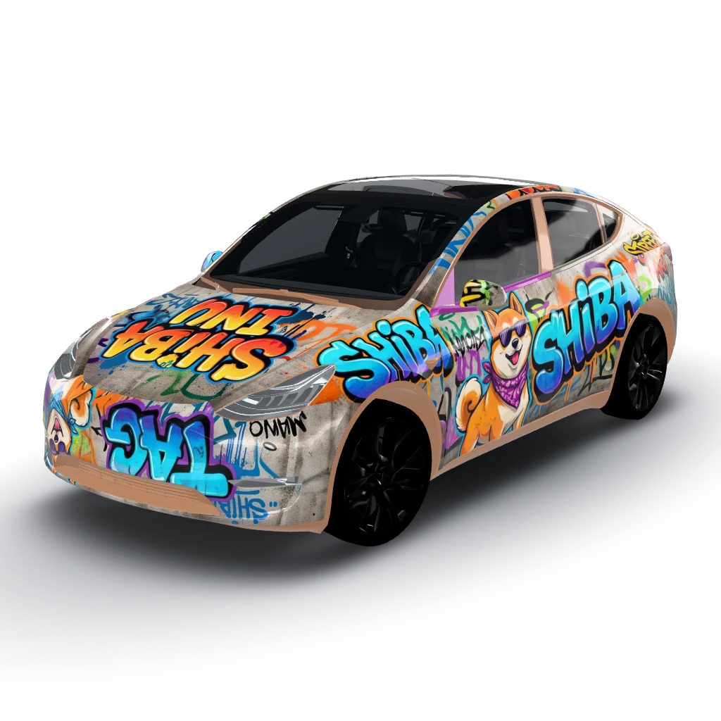 Shiba inu graffiti tag, spray paint — a Model Y wearing this AI wrap design
