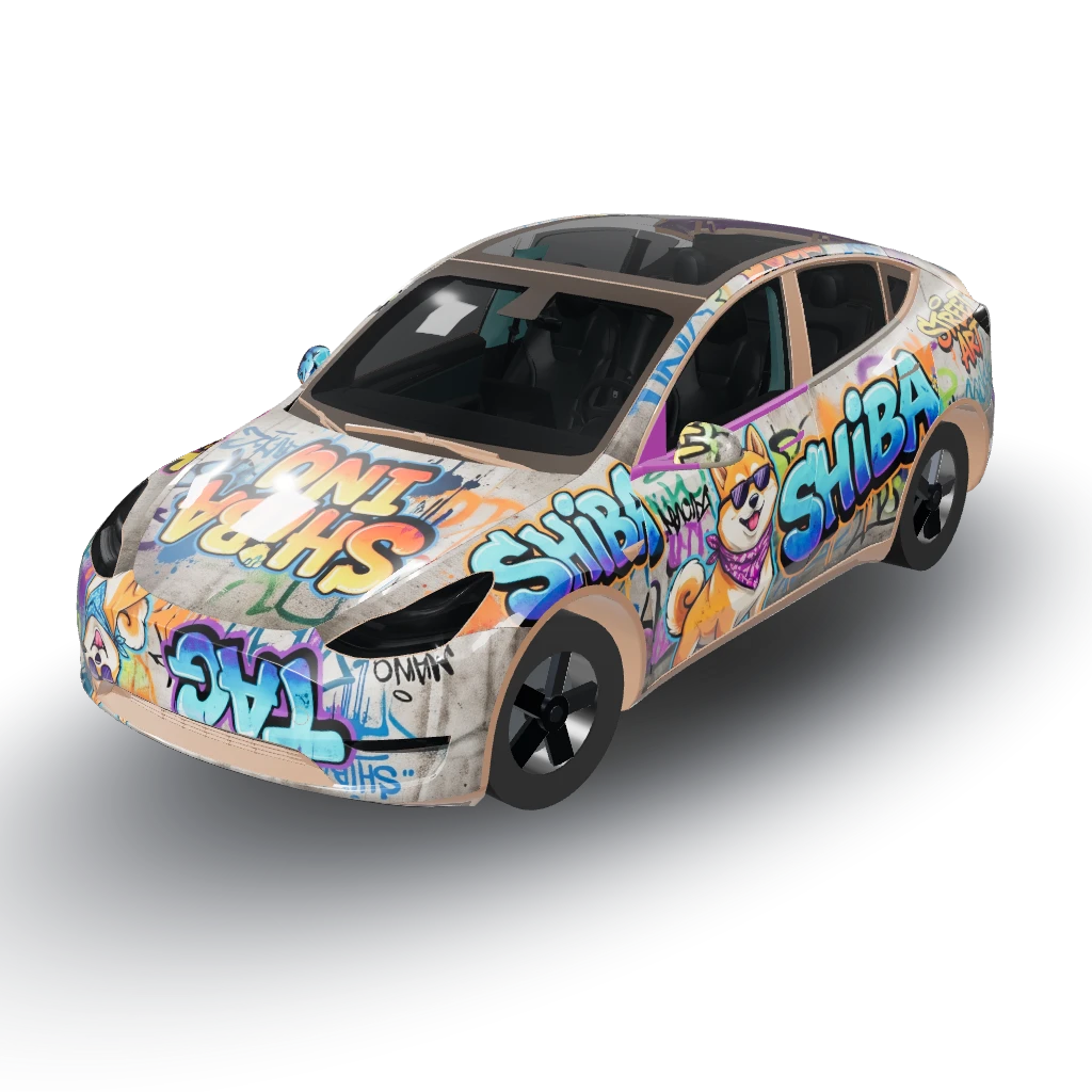 Shiba inu graffiti tag, spray paint — a Model Y wearing this AI wrap design