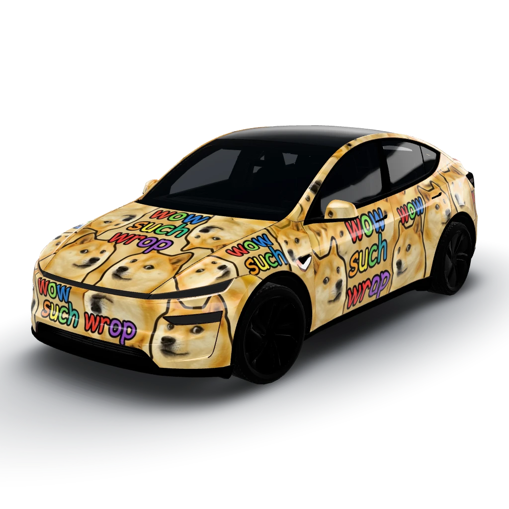 Shiba inu face, wow such — a Model Y (2025+) Premium wearing this AI wrap design