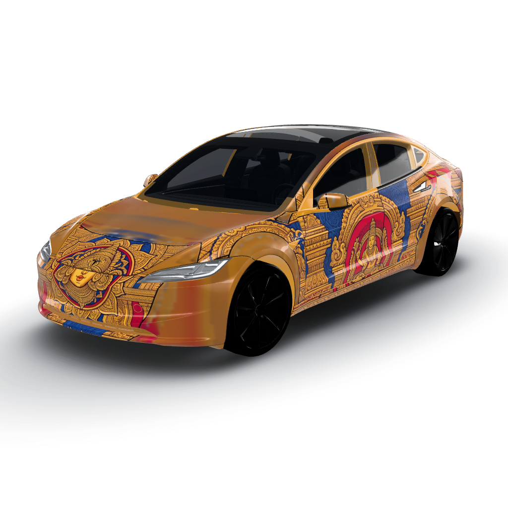 Rich palette of deep gold, royal blue — a Model 3 (2024+) Standard & Premium wearing this AI wrap design