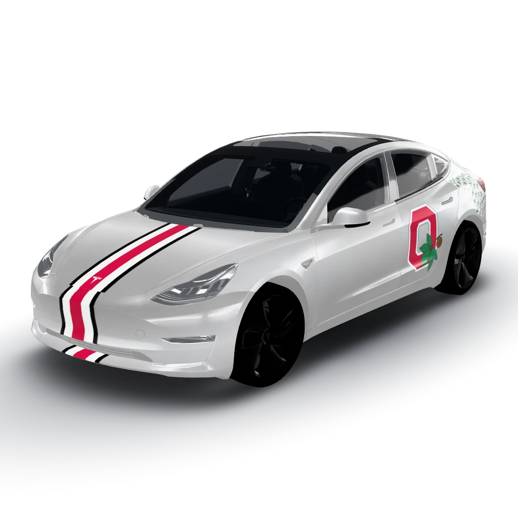 Ohio state wrap that looks just — a Model 3 wearing this AI wrap design