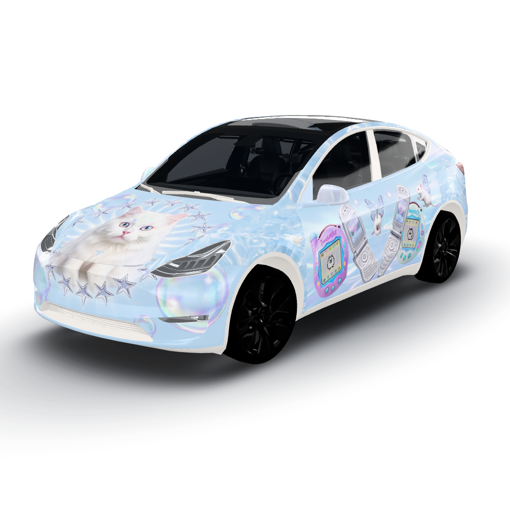Icy Y2K cyber-fairy wrap that exudes — a Model Y wearing this AI wrap design