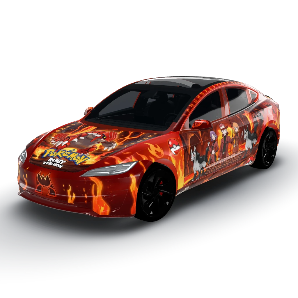 Pokemon ruby red theme — a Model 3 (2024+) Performance wearing this AI wrap design