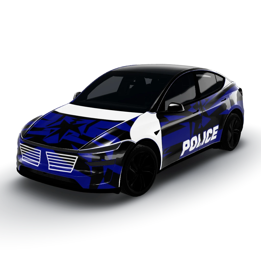 Apply the uploaded image as a custom car — a Model Y (2025+) Premium wearing this AI wrap design