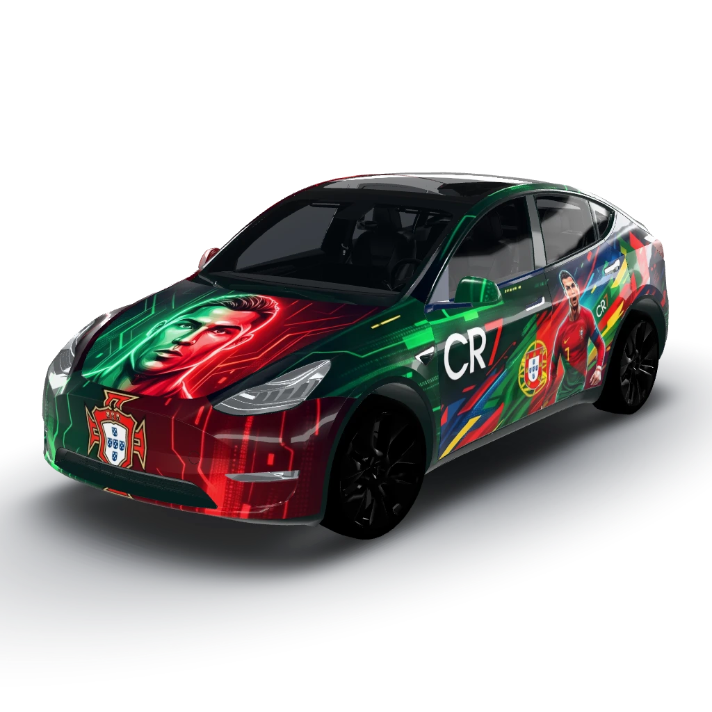 Futuristic Ronaldo and Portugal — a Model Y wearing this AI wrap design