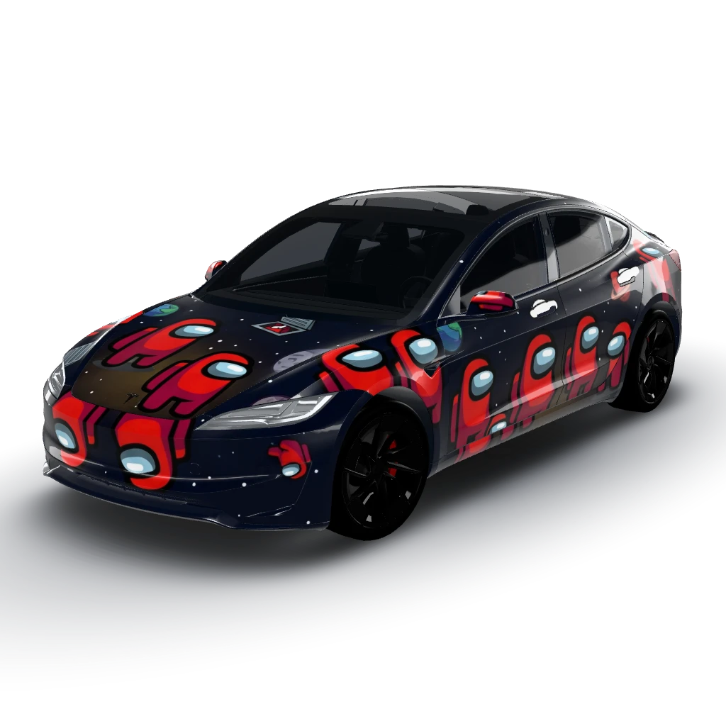 Among Us crewmate red — a Model 3 (2024+) Performance wearing this AI wrap design