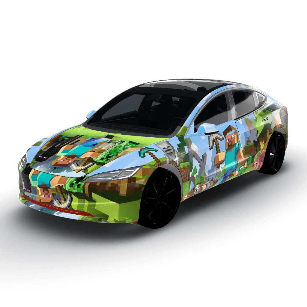 Minecraft Steve — a Model 3 (2024+) Standard & Premium wearing this AI wrap design