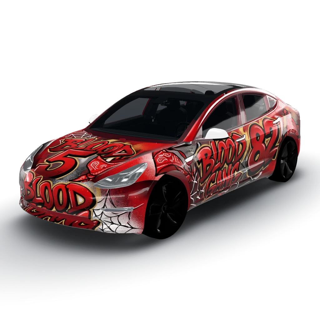 Blood gang 5 spyder — a Model 3 wearing this AI wrap design