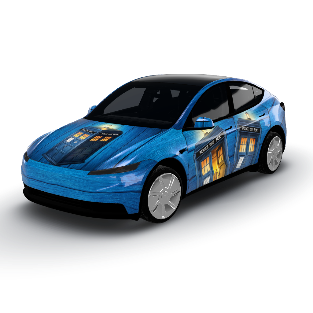 Features a vibrant blue color palette — a Model Y (2025+) Standard wearing this AI wrap design