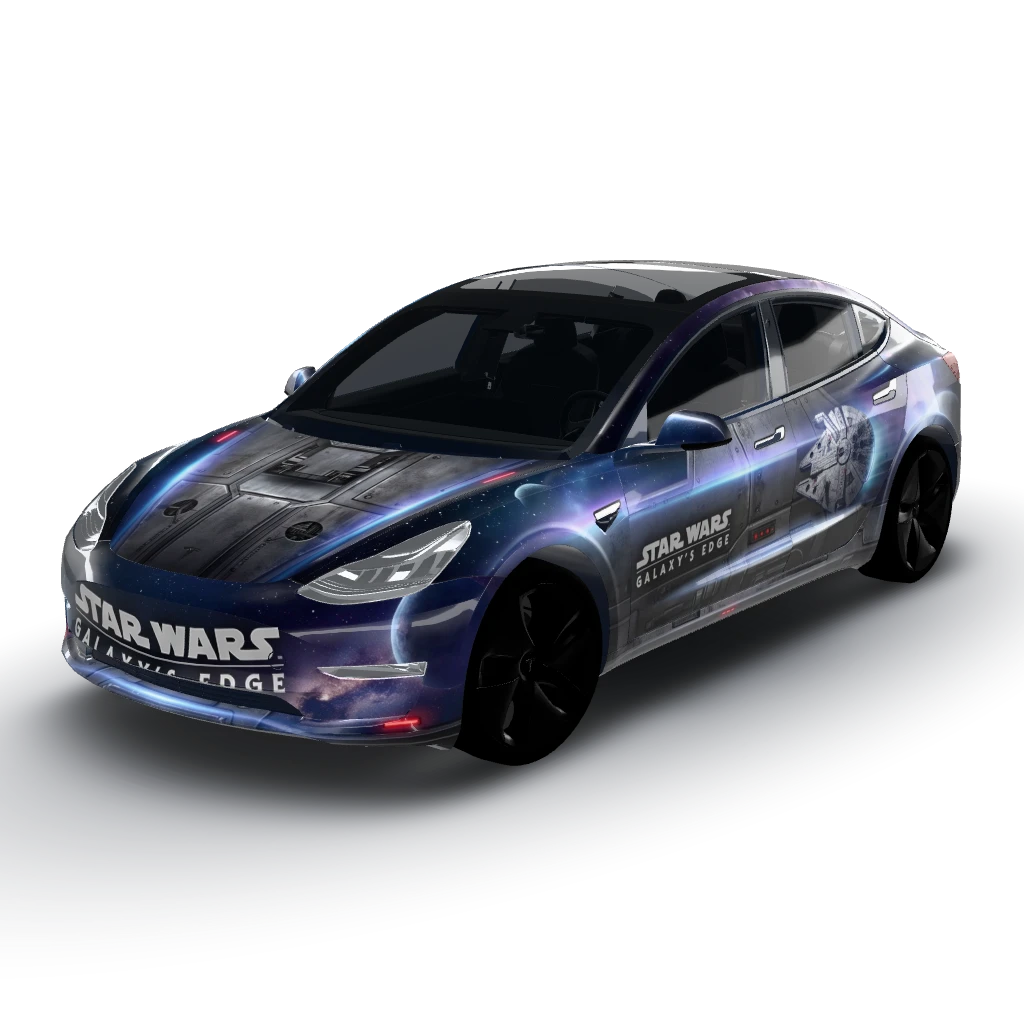 Custom digital vehicle wrap for a 2020 — a Model 3 wearing this AI wrap design