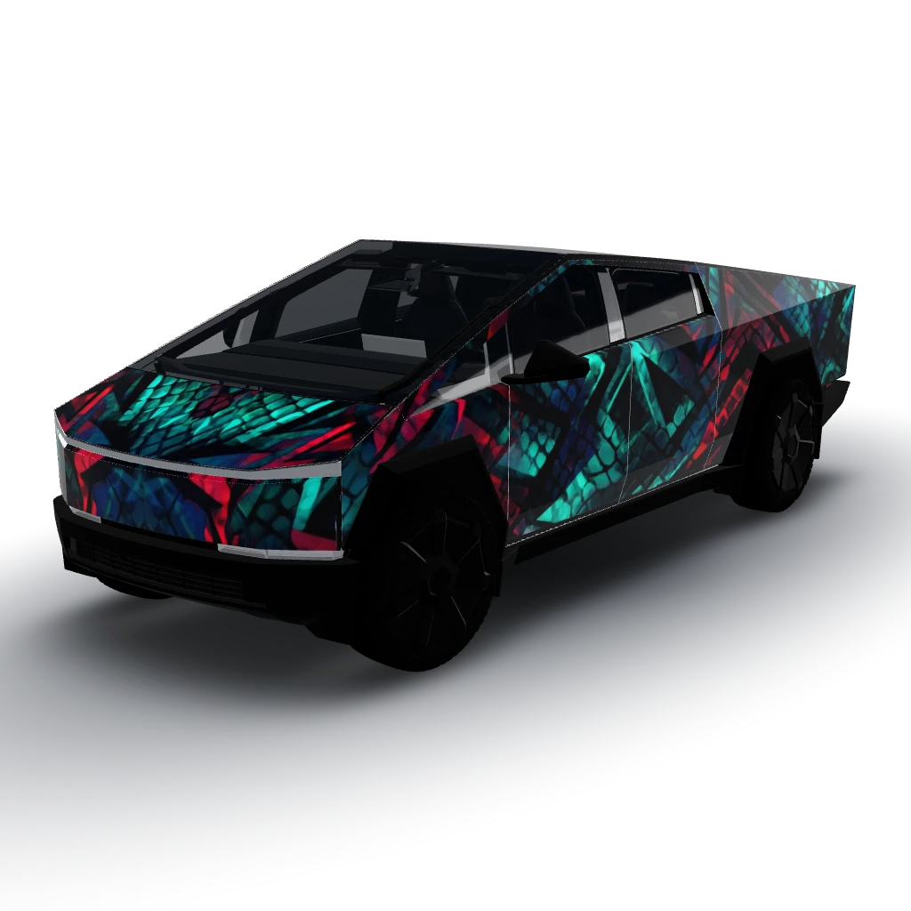 White eyes black dragon theme — a Cybertruck wearing this AI wrap design